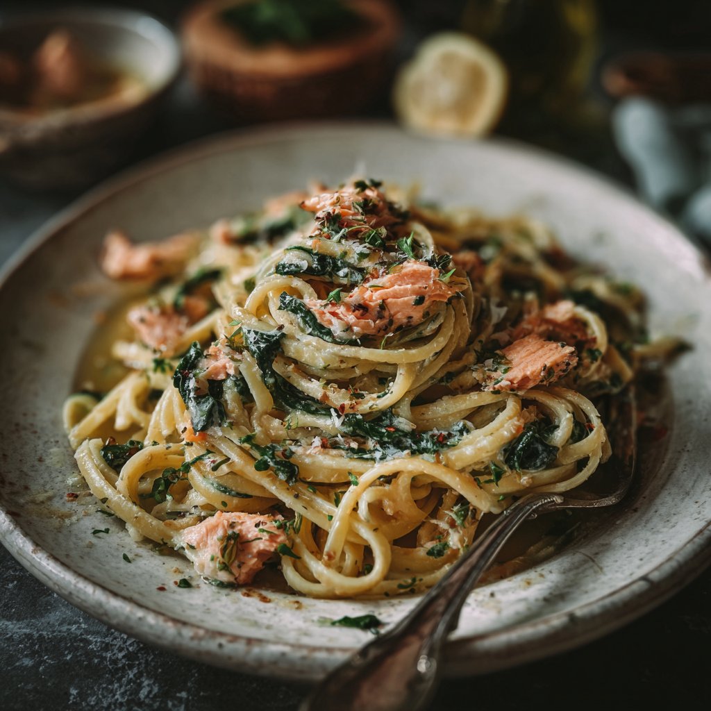 Tuscan Salmon Pasta with Spinach